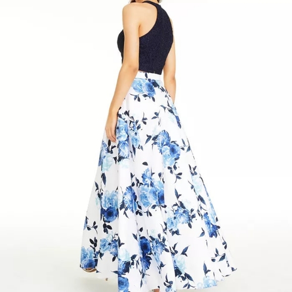 Prom Dress City Studio Juniors Lace Halter Top & Long Floral Skirt White & Blue - Picture 4 of 7